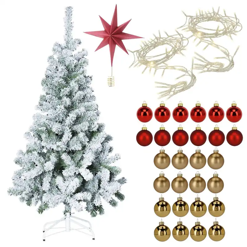 Well Home Set Navideño de Árbol nevado de 210cm con Estrella de papel 30cm + 2 Guirnaldas de 80 LED y 28 Bolas decorativas rojas y doradas - Decoración