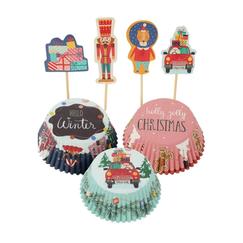 Set para Cupcakes de Navidad de 72Pzs - 36 Moldes de papel y 36 Palillos decorativos con diseños Navideños
