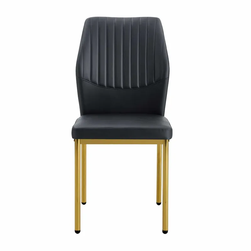 Juego de 4 sillas de comedor - Estilo lujo ligero, respaldo de PU blanco con estampado vertical + patas metálicas doradas - Blanco + Dorado