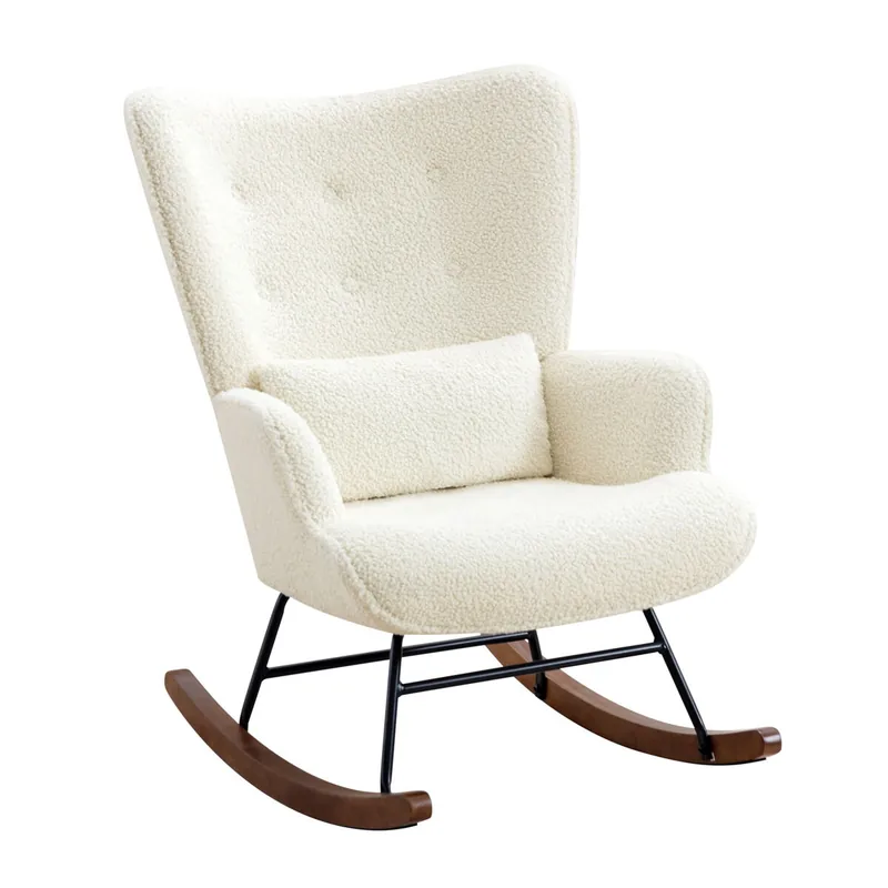 Mecedora de Sala de estar, reposabrazos de peluche beige, mecedora escandinava con almohadilla para la cintura, silla de lectura beige - Sofás sillones puffs