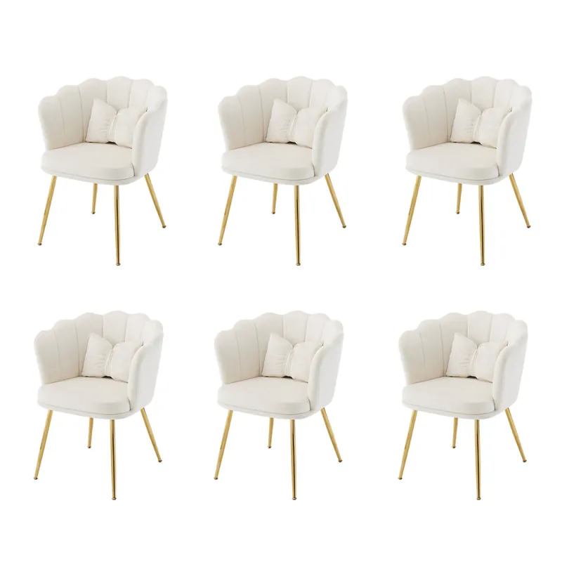 Set de 6 sillas modernas de terciopelo - Sillas tapizadas con respaldo en forma de pétalo, piernas de metal dorado, cojines de mariposa - Beige