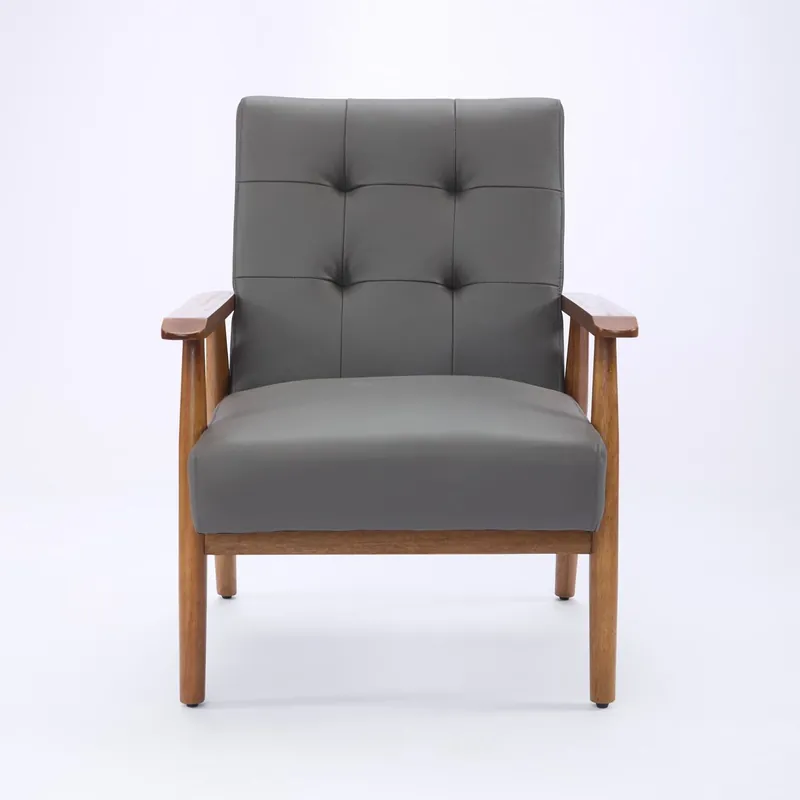 Sillón lounge de piel - reposabrazos nogal y patas de madera - gris
