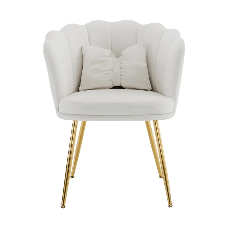 Sillón moderno de terciopelo - Diseño con respaldo en forma de pétalos, patas metálicas doradas, cojín en forma de mariposa - Beige