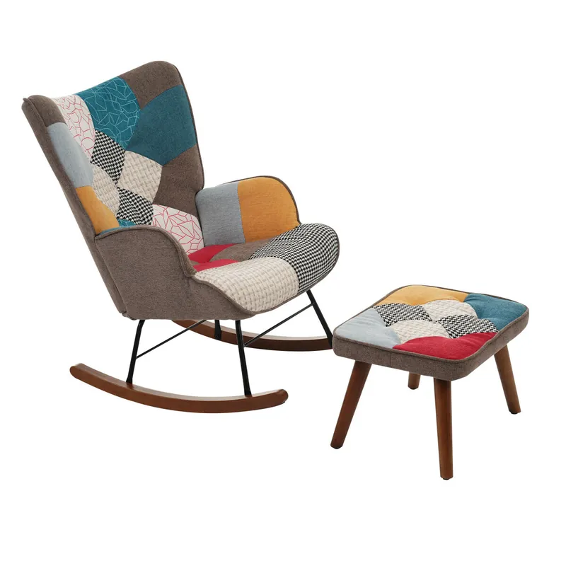 Mecedora con reposapiés - con estampado de patchwork de colores - Multicolor
