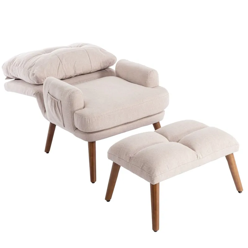 Sillón lounge con reposapiés - respaldo 5 posiciones, reclinable, con bandeja lateral - Beige