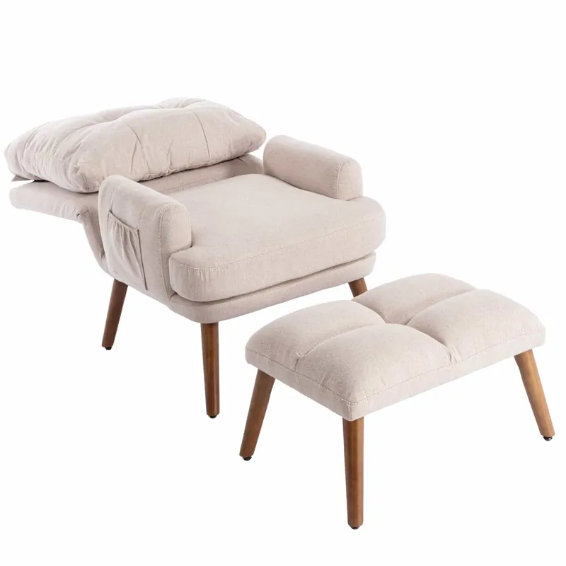 Sillón lounge con reposapiés - respaldo 5 posiciones, reclinable, con bandeja lateral - Beige