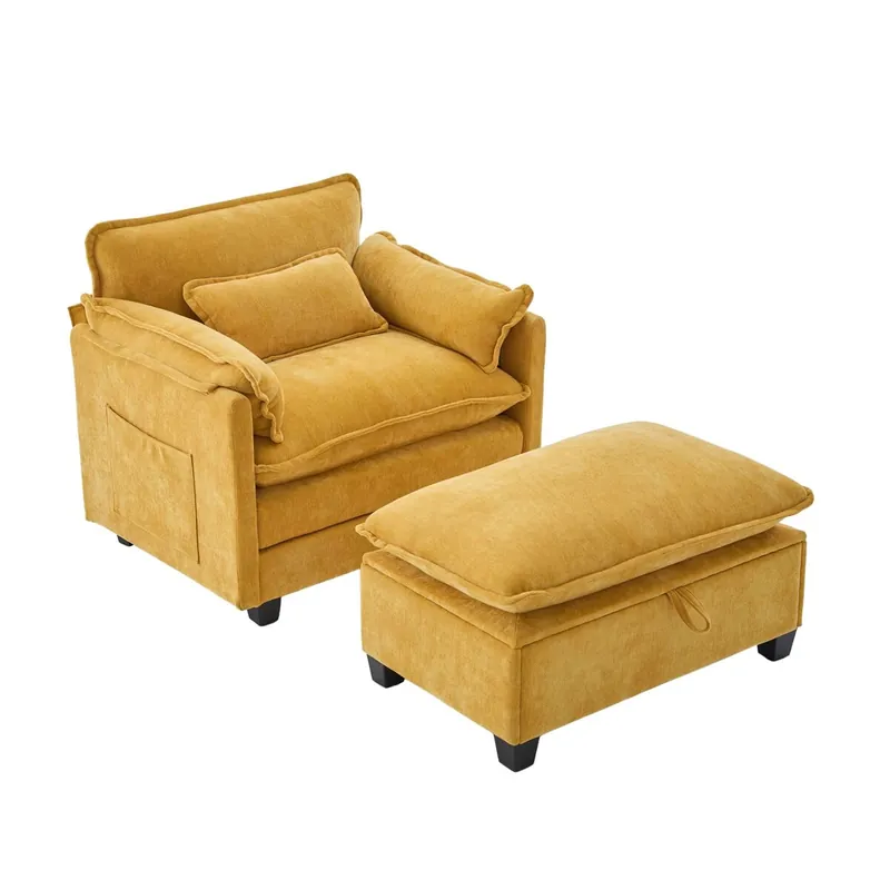 Sillón lounge grande - con reposapiés, cojín y bolsillos laterales - Amarillo