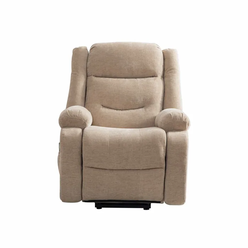 Sillón relax eléctrico - con ayuda para levantarse, masaje y función calor, respaldo y reposapiés eléctricos ajustables, bolsillos laterales - caqui claro