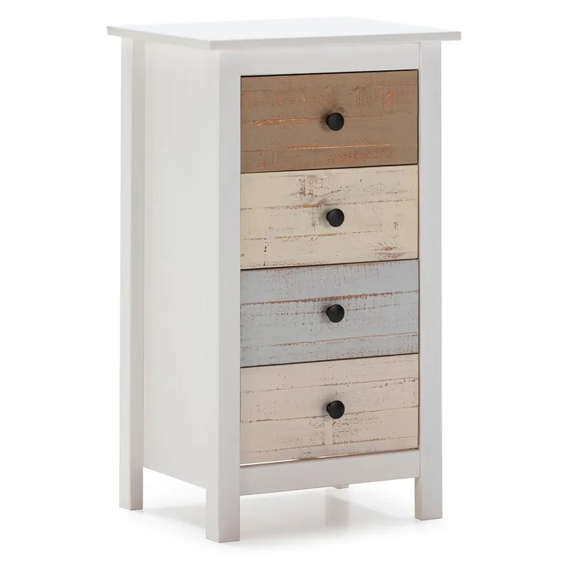 Sinfonier de Noche Magda de 4 cajones en Blanco y cajones Multicolor, Pino macizo - Muebles