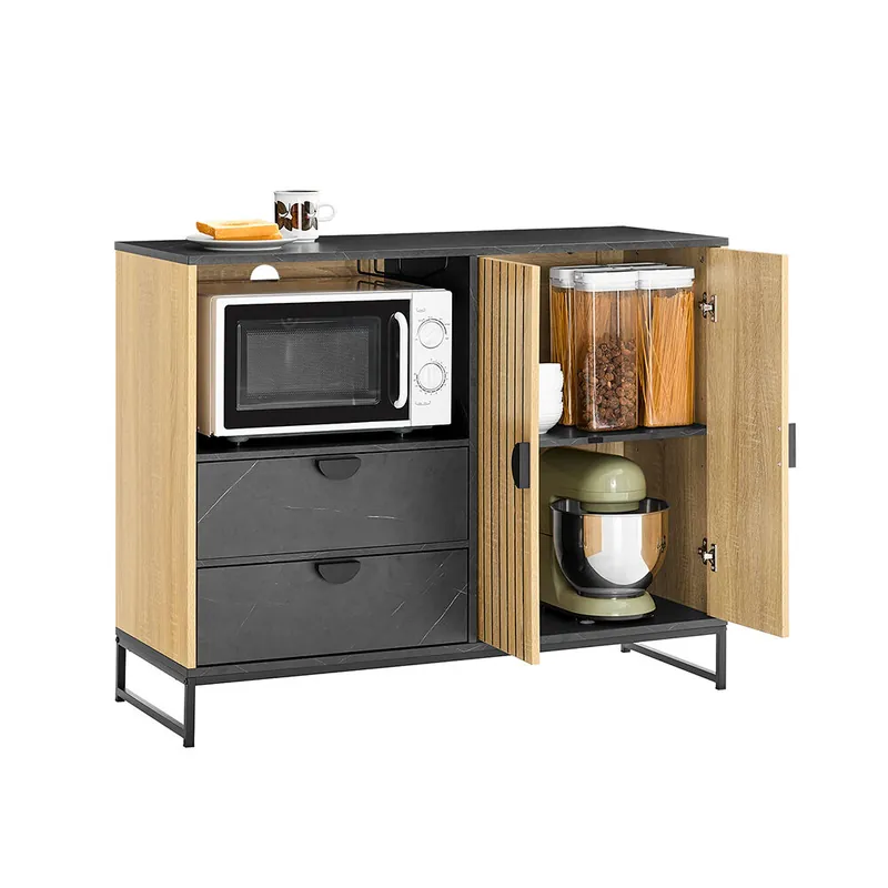 SoBuy Armario de Almacenamiento con Nicho para Microondas (Ø6 cm) y Portavasos, Armario con Estante Ajustable, Roble/Negro, 107×40×85 cm, FSB103-N