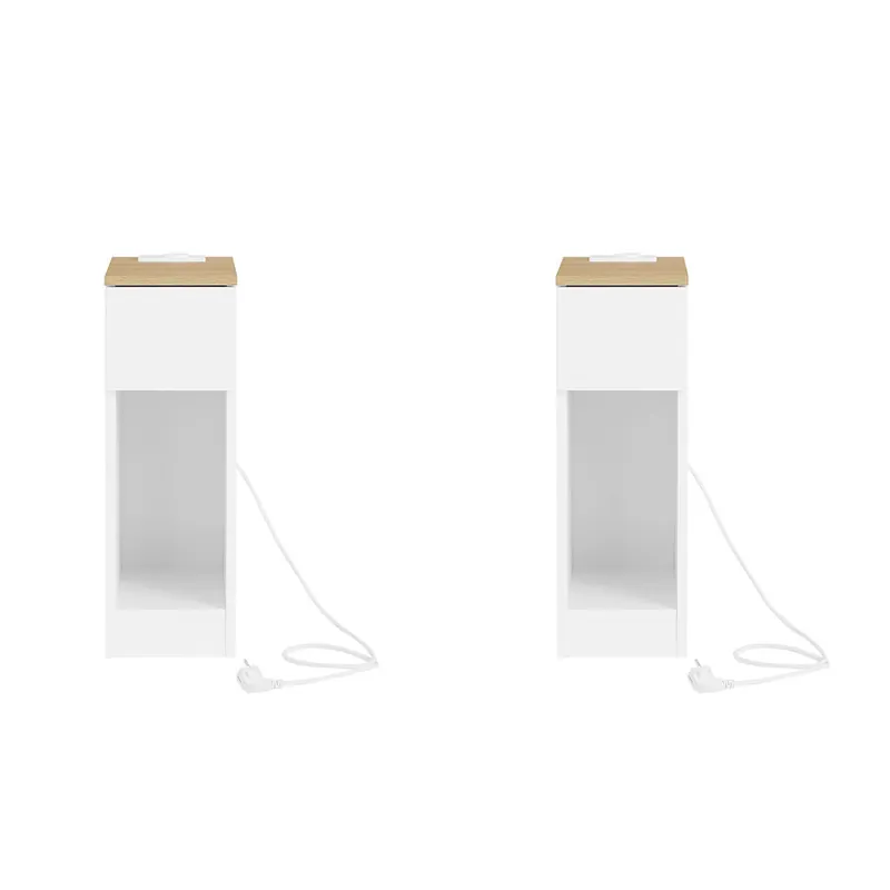 SoBuy Set de 2 Mesita de noche delgada con estación de carga, mesa auxiliar delgada con enchufe estándar, puerto USB y puerto tipo C para dormitorio y sala de estar, blanco, 20x33x60 cm, FBT111-E-WNx2