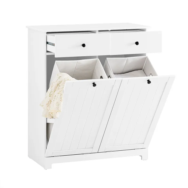 SoBuy Mueble Ropa Sucia con cestos para Ropa Sucia - Armario baño con 2 cajones y 2 Bolsas extraíbles, Ideal para lavandería - Mueble baño Robusto de Madera, Blanco, 78x38x90 cm, BZR33-II-W