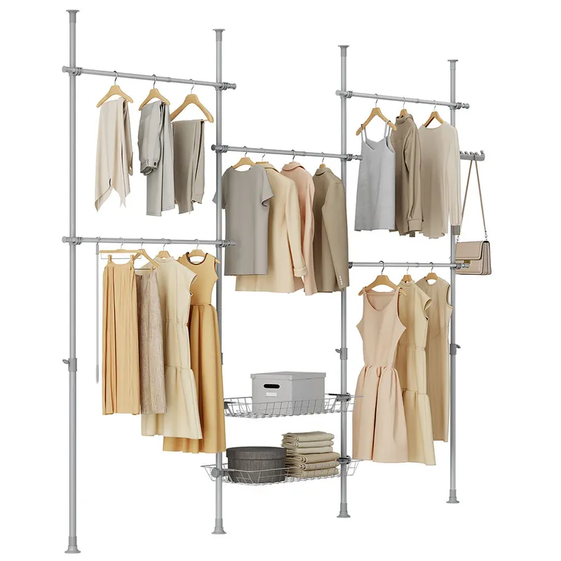 SoBuy Perchero telescópico resistente - Armario abierto ajustable con barras y estantes para dormitorio/vestidor, gris, KLS04-II-HG