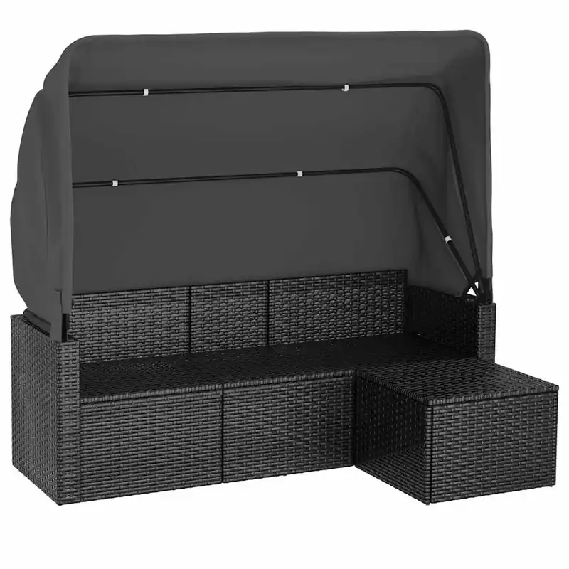 vidaXL Sofá jardin 3 plazas con toldo y taburete ratán sintético negro - Sofás sillones puffs