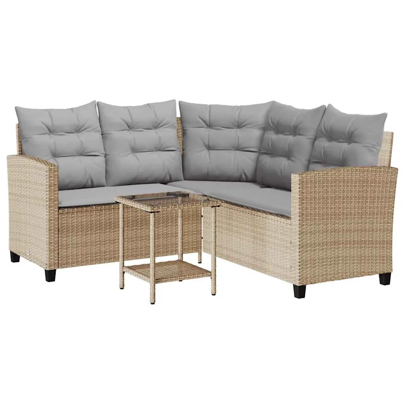 vidaXL Sofá de jardín en forma de L con mesa y cojines ratán PE gris - Sofás sillones puffs