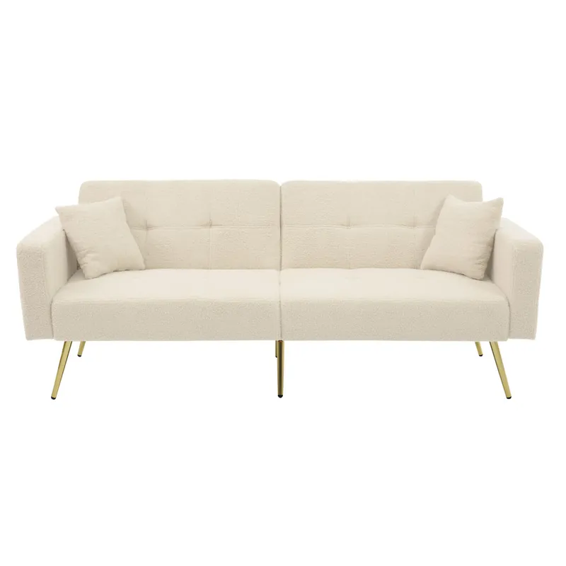 Sofás 2 plazas - reclinable, patas doradas, con cojines y bolsillos laterales - beige