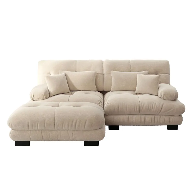 Sofá esquinero Cloud - 2 plazas - Chenille con 2 cojines lumbares, 2 cojines decorativos, amplias reposabrazos y otomana - Café