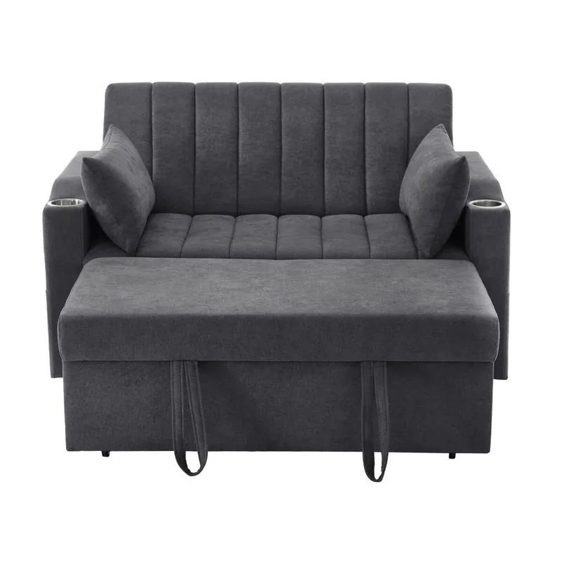 Sofá multifuncional moderno - Sofá cama con función de descanso, respaldo ajustable, con portavasos y cojines - Beige