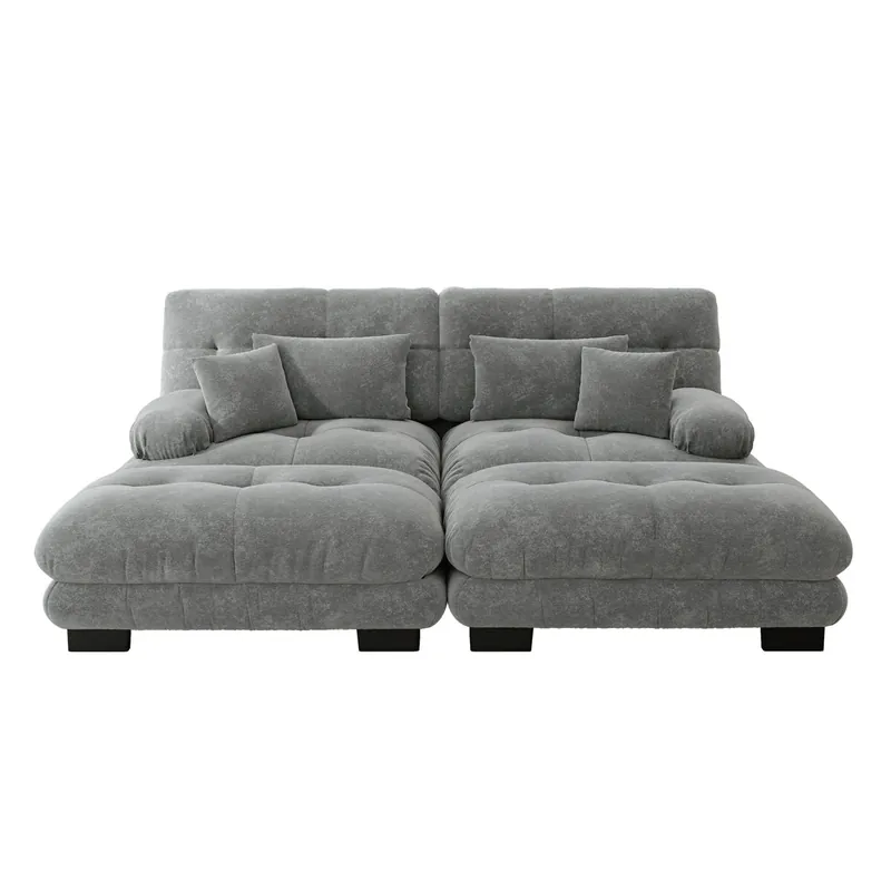 Sofá Esquinero 2 plazas - Chenille con 2 cojines lumbar, 2 cojines decorativos, 2 otomanes, brazo ancho - Café