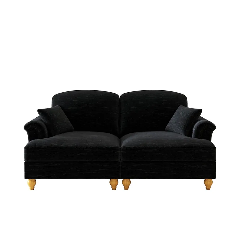 Sofá 2 plazas - estilo mid-century, brazos acampanados, faldón extraíble, patas madera - Negro