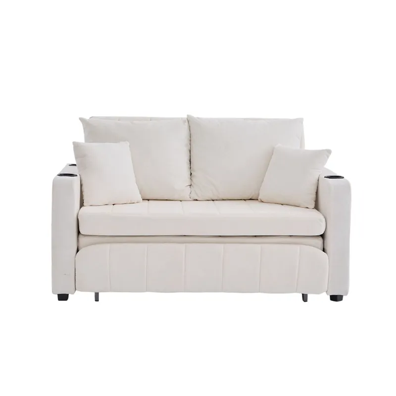 Sofá multifuncional 2 plazas - Plegable, extensible, lavable, con USB y portavasos - Beige