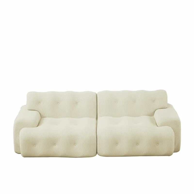 Sofá 2 plazas grande - reposabrazos anchos, diseño moderno con botones, forma curvada, sin montaje - beige