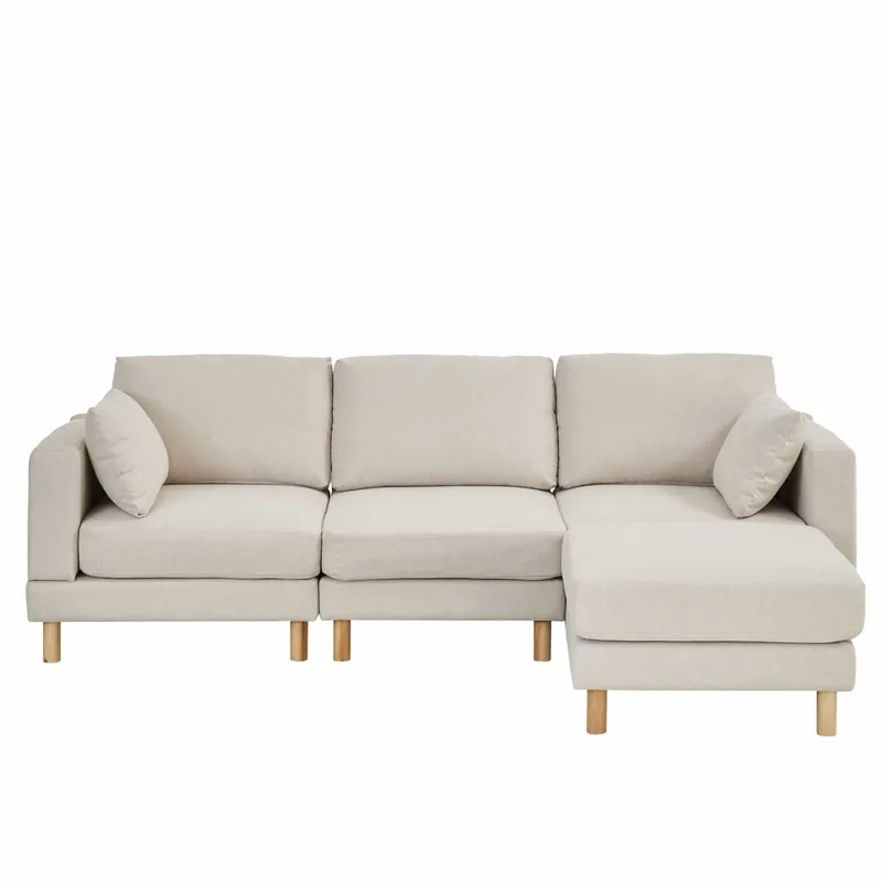 Sofá esquinero nórdico 3 plazas con puf 235x152x78 CM - en L, poliéster, patas de madera maciza, estilo moderno - beige