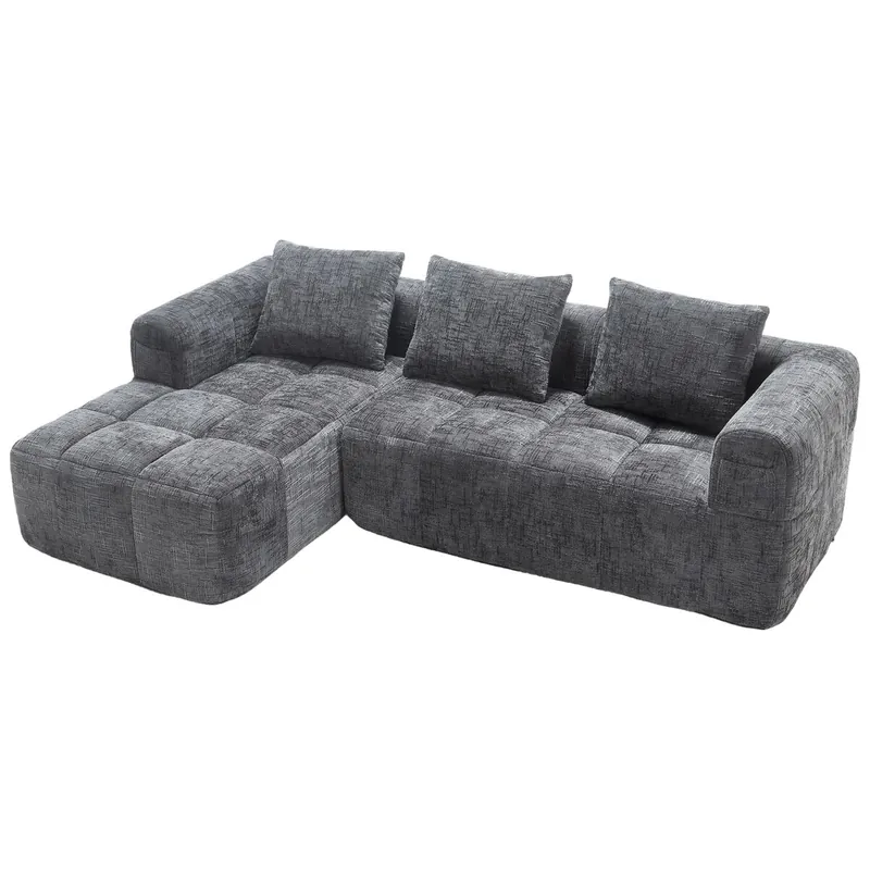 Sofá seccional moderno, sofá en L, sofá de 3 plazas, sin necesidad de montaje, sofá de chenilla con chaise longue y reposabrazos, 3 cojines, bolsillo lateral para control remoto, negro - Sofás sillones puffs
