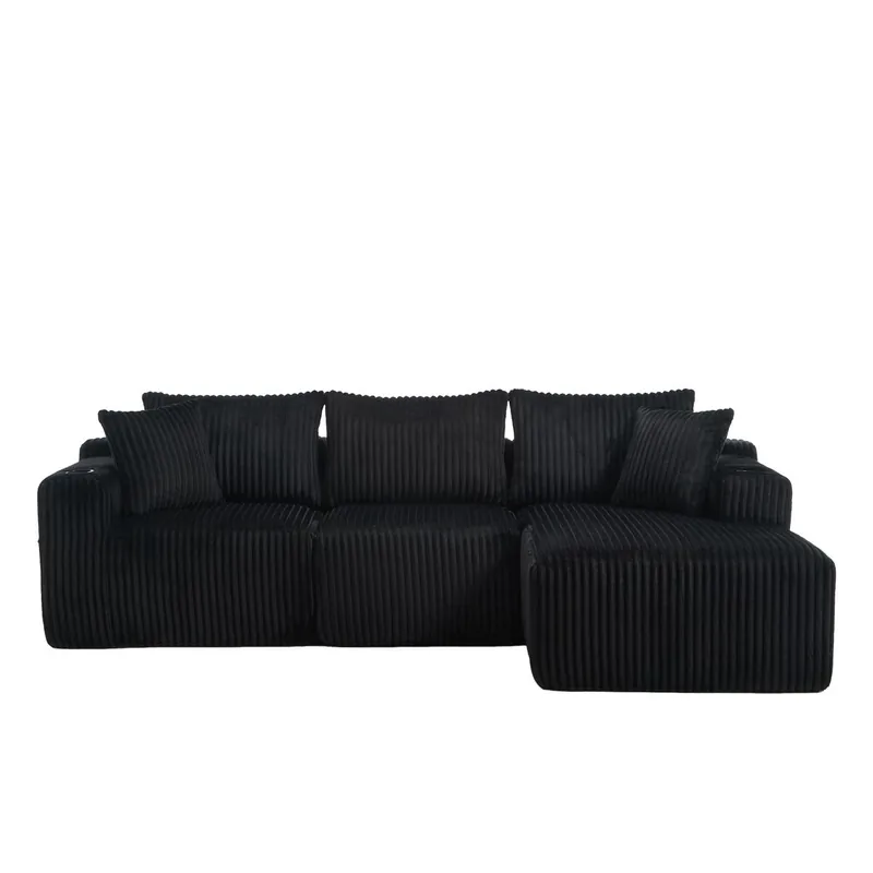 Sofá modular 3 plazas - con chaiselongue, 5 cojines, bolsillos laterales - Beige