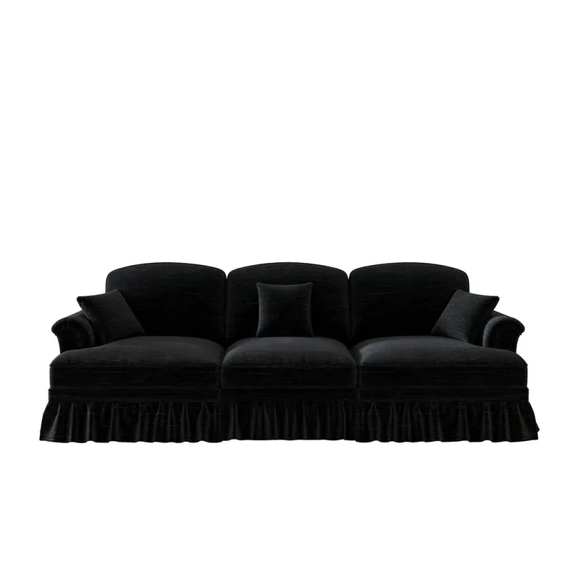 Sofá 3 plazas - Estilo Mid-Century, chenilla, brazos cónicos, faldón desmontable, patas torneadas - Negro