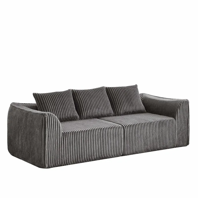 Sofá minimalista 3 plazas - Líneas suaves, respaldo inclinado y 2 cojines - Beige