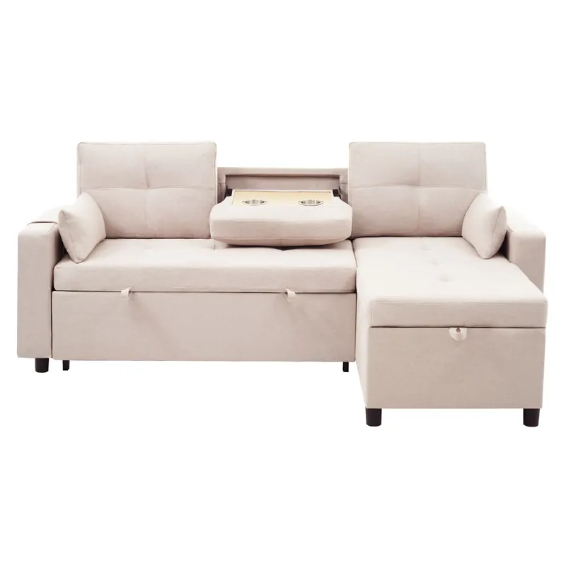 Sofá L-forma moderno 3 plazas - Sofá modular convertible - Con almacenamiento y soporte para bebidas - Beige