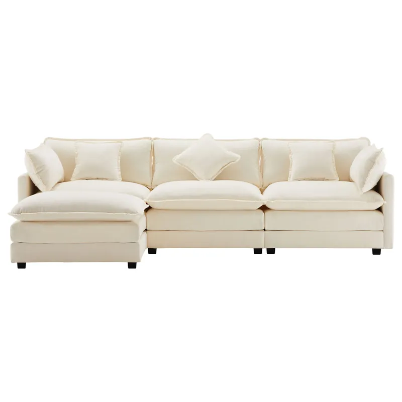 Sofá esquinero de chenilla de 3 plazas con reposapiés modular - Beige