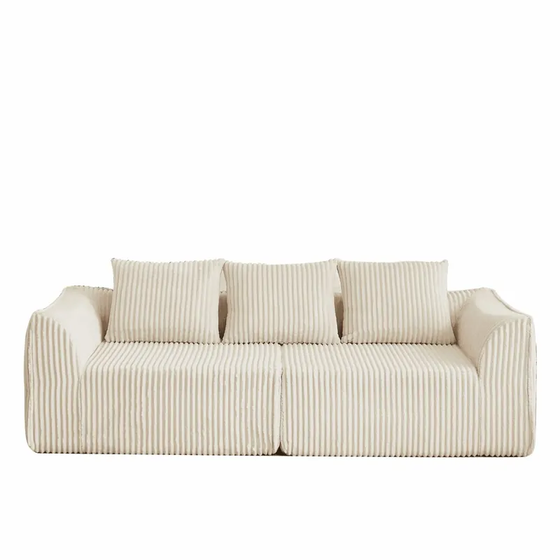 Sofá minimalista 3 plazas - Líneas suaves, respaldo inclinado y 2 cojines - Beige