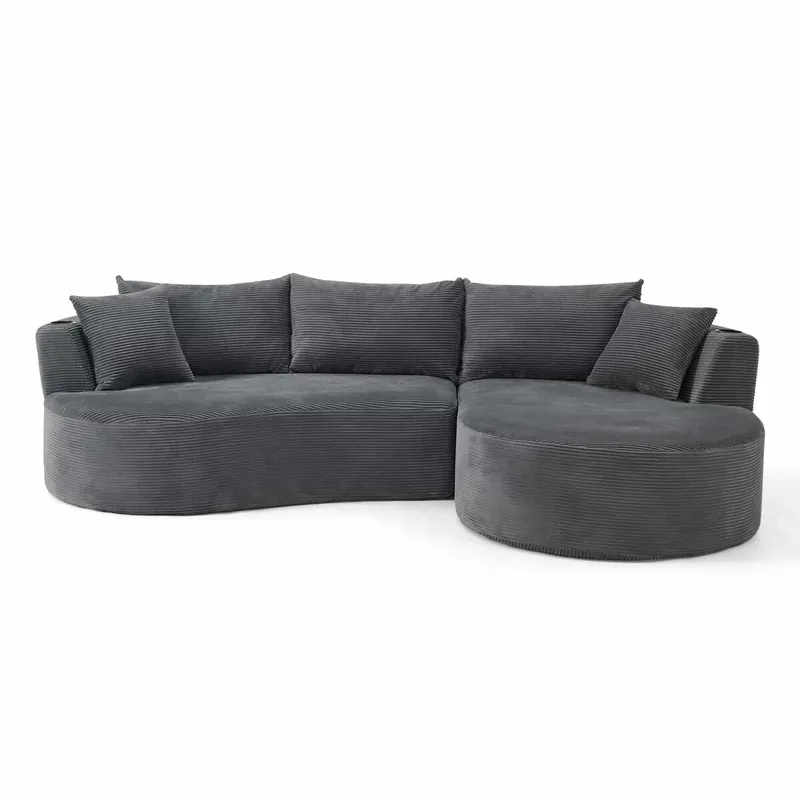 Sofá de compresión 3 plazas, chaise longue derecha + sofá de 2 plazas - diseño en forma de arco, tejido de pana suave, con portavasos y cojines, envasado al vacío, para salón, hotel, apartamento y oficina - gris