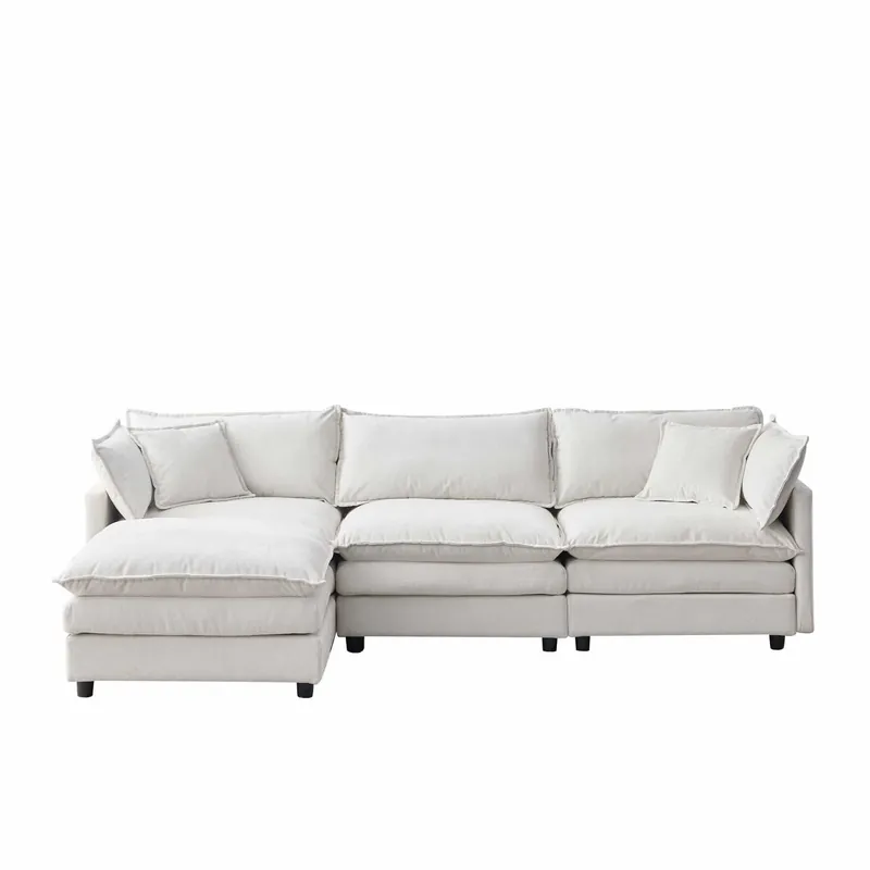 Sofá modular esquinero 3 plazas - con chaiselongue y puff, sofá en L cómodo de chenilla premium para salón y espacios pequeños - beige
