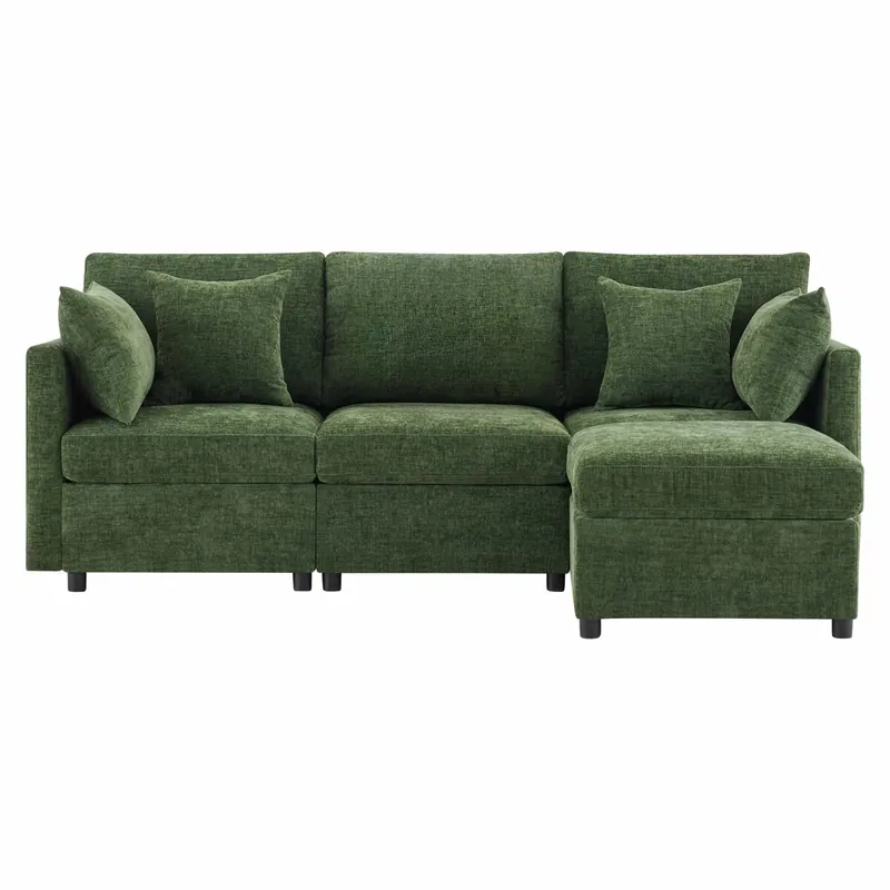 Sofá modular L‑forma - convertible 3 plazas, con puff y 4 cojines de chenilla - verde