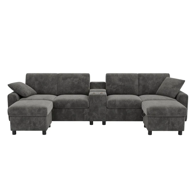 Sofá U-forma 315x81x135 cm - 2 Puffos con almacenamiento, mesa, 2 portavasos, USB, enchufes - Beige