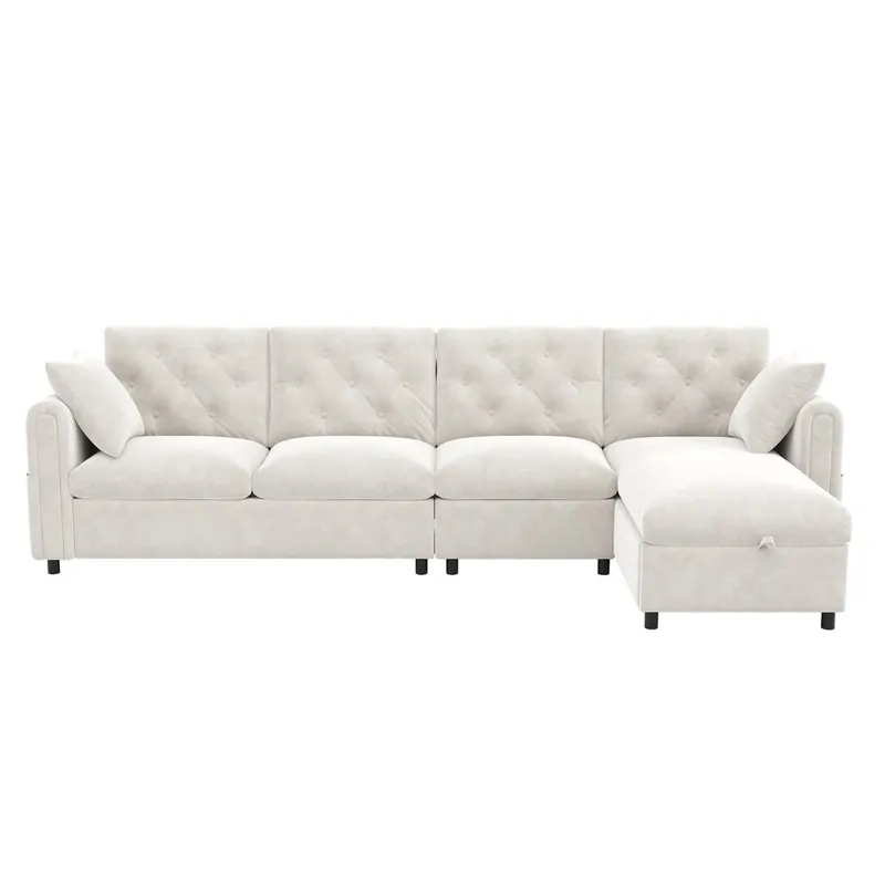 Sofá moderno terciopelo 281x86x71 cm - Stauraum en el rincón, reposabrazos con bolsillos - Beige