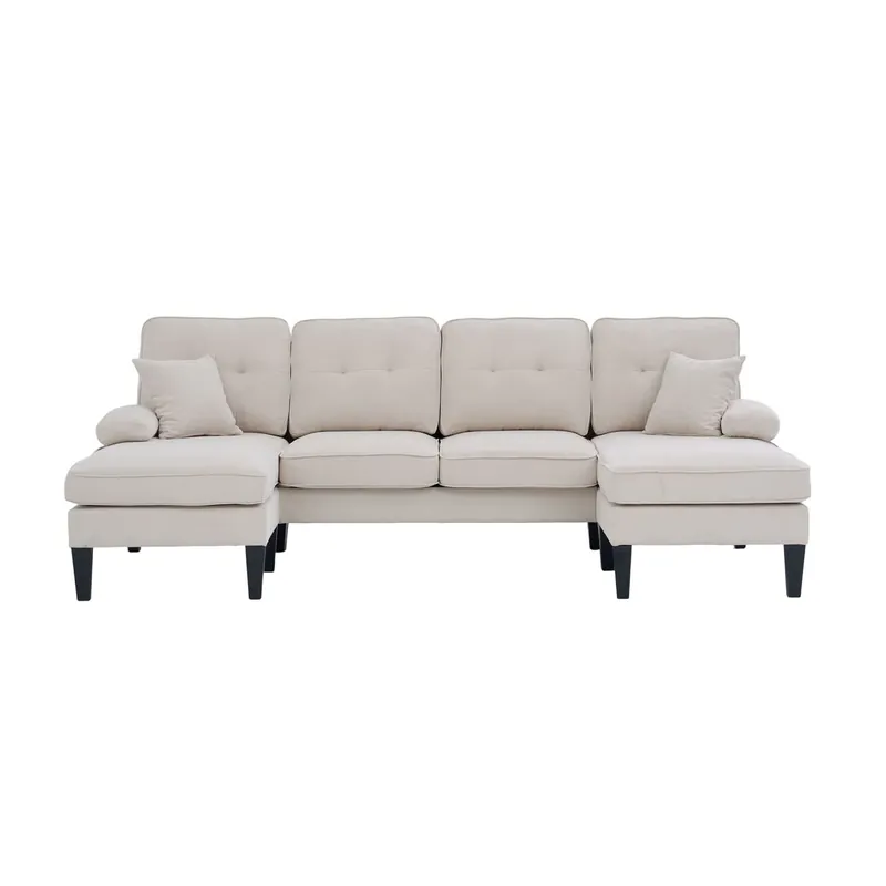 Sofá en U 4 plazas - Lino suave, chaise-longues dobles, cojines decorativos - Beige