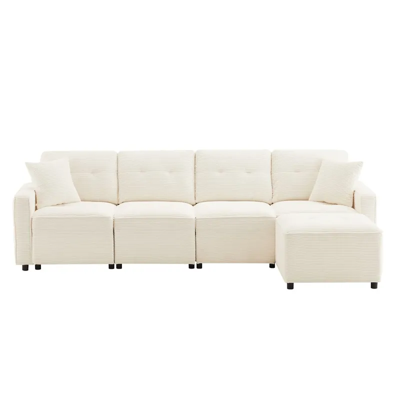 Sofá recto 4 plazas 280x146 cm - pana con almacenaje y puff - beige