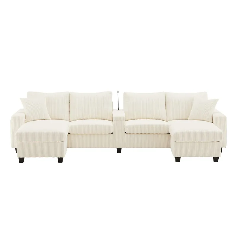 Sofá en U 334x128,5x81 cm - 4 plazas, USB/Type-C, LED, 2 pufs - Beige