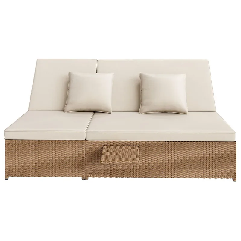 Tumbona exterior Rattan - Doble, plegable, con cojines, resistente al clima - Blanco