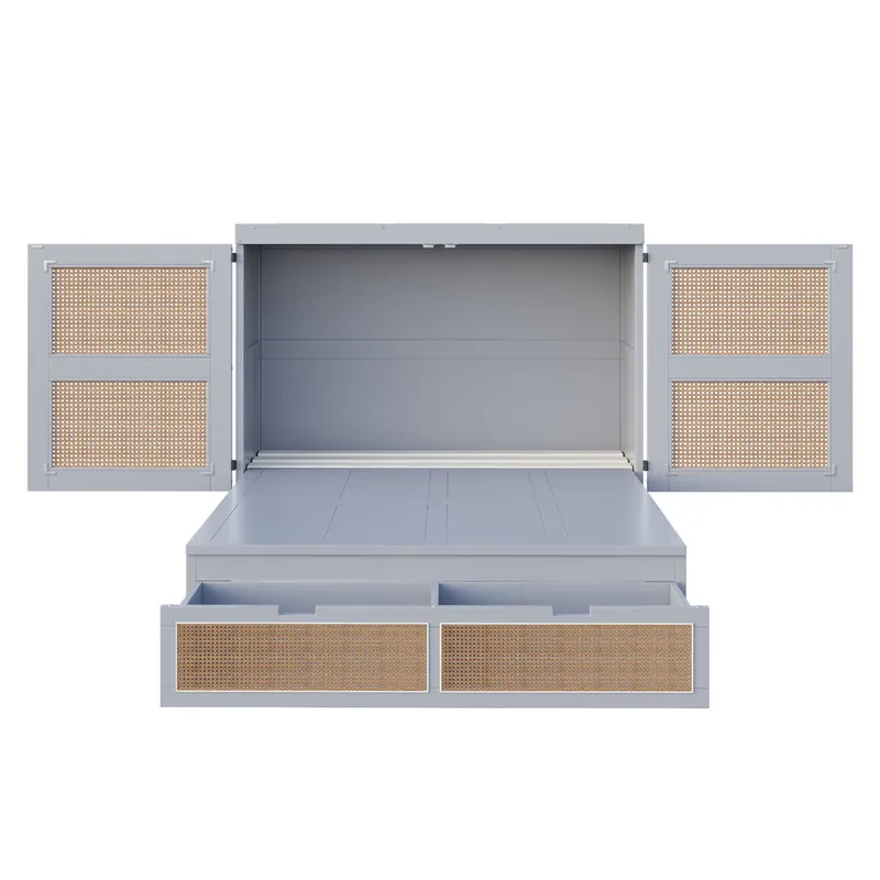 Cama abatible 140x200 cm - Con somier, vertical, con cajones de almacenamiento, diseño de ratán - Blanco