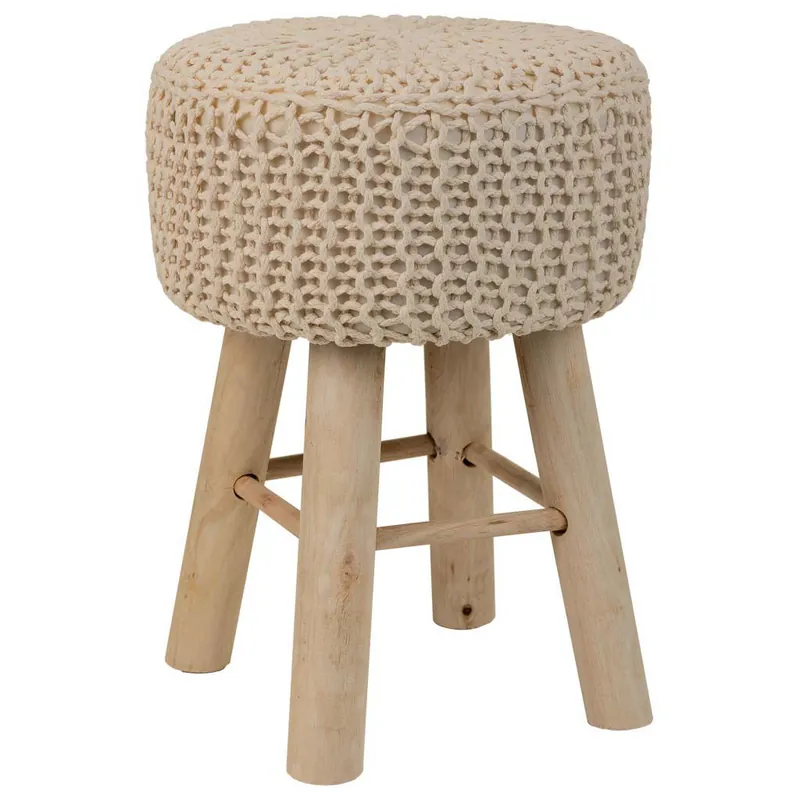Taburete de madera y algodón trenzado marrón 32x32x44h cm - Muebles