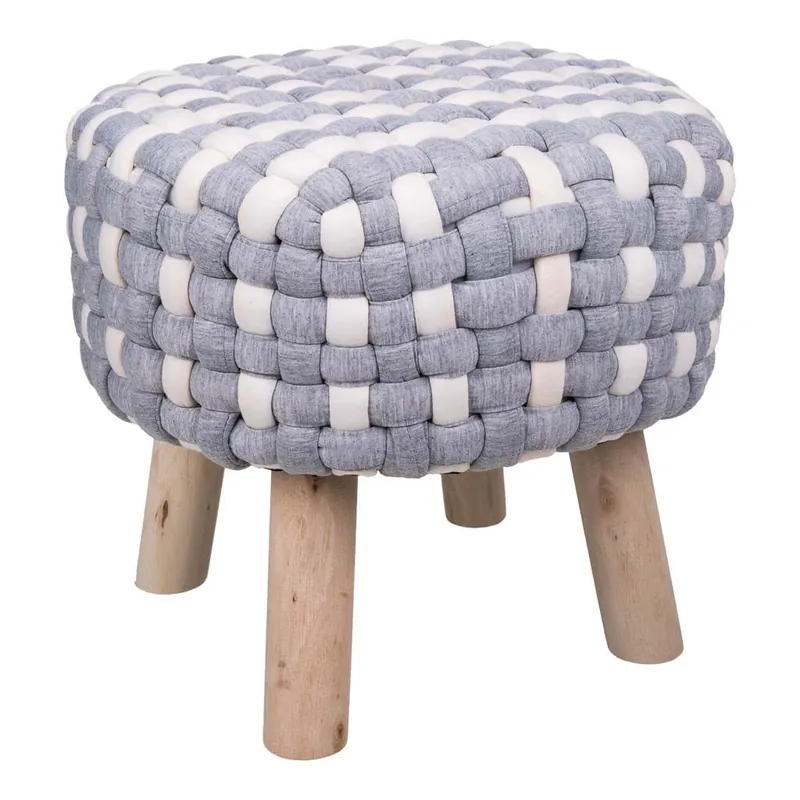 Taburete de madera y algodón trenzado gris y blanco 40x40x36h cm - Muebles
