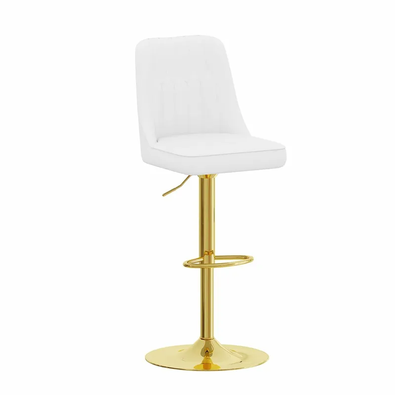 Taburetes de bar 2 unidades - Ajustables, giratorios 360°, respaldo con PU blanco acolchado - Blanco y dorado