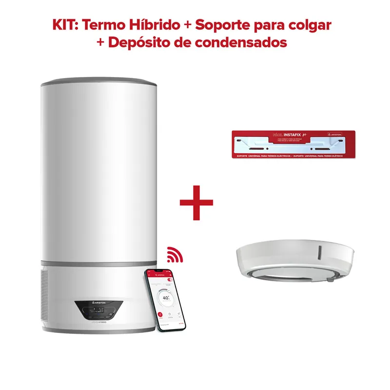 Termo eléctrico con Aerotermia, Ariston, Lydos Hybrid Wifi 100L + Depósito de Condensados + Soporte de pared Instafix, Clase Energetica A - Electrodomésticos