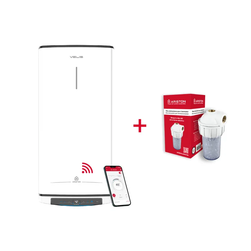 Termo eléctrico inteligente, Ariston, Velis Pro Wifi 100L + Filtro Antical, Vertical u Horizontal, Clase A - Electrodomésticos