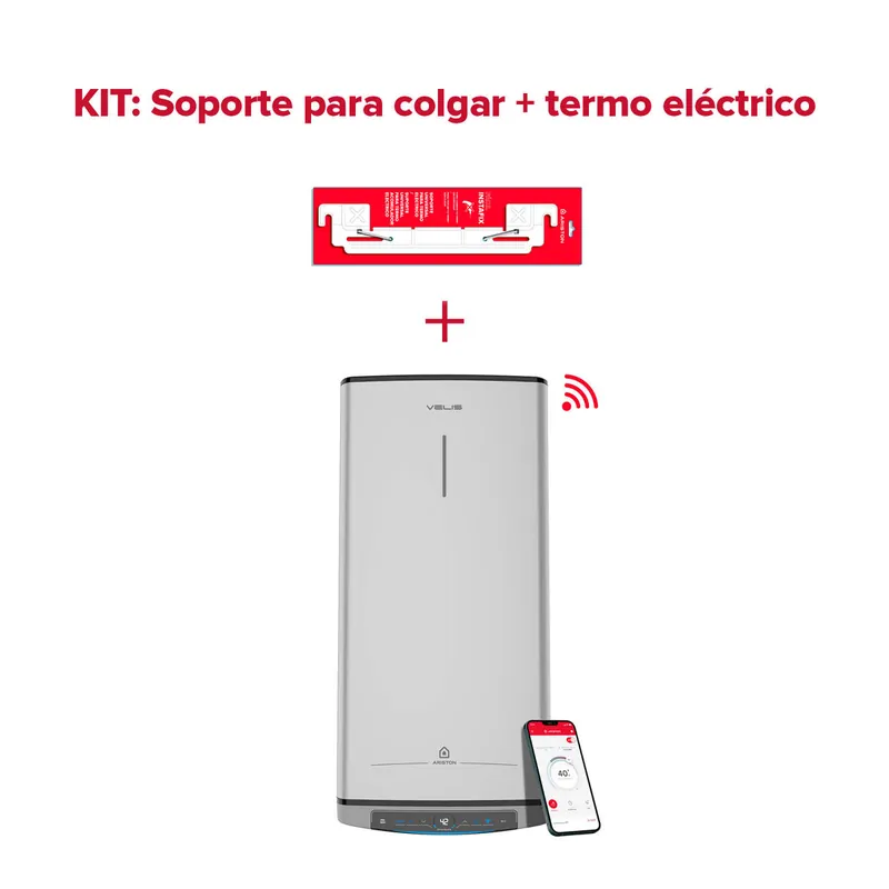 Termo eléctrico inteligente, Ariston, Velis Tech Dry 50L + Sorpote de pared Instafix, Vertical u Horizontal, Clase Energetica B - Electrodomésticos